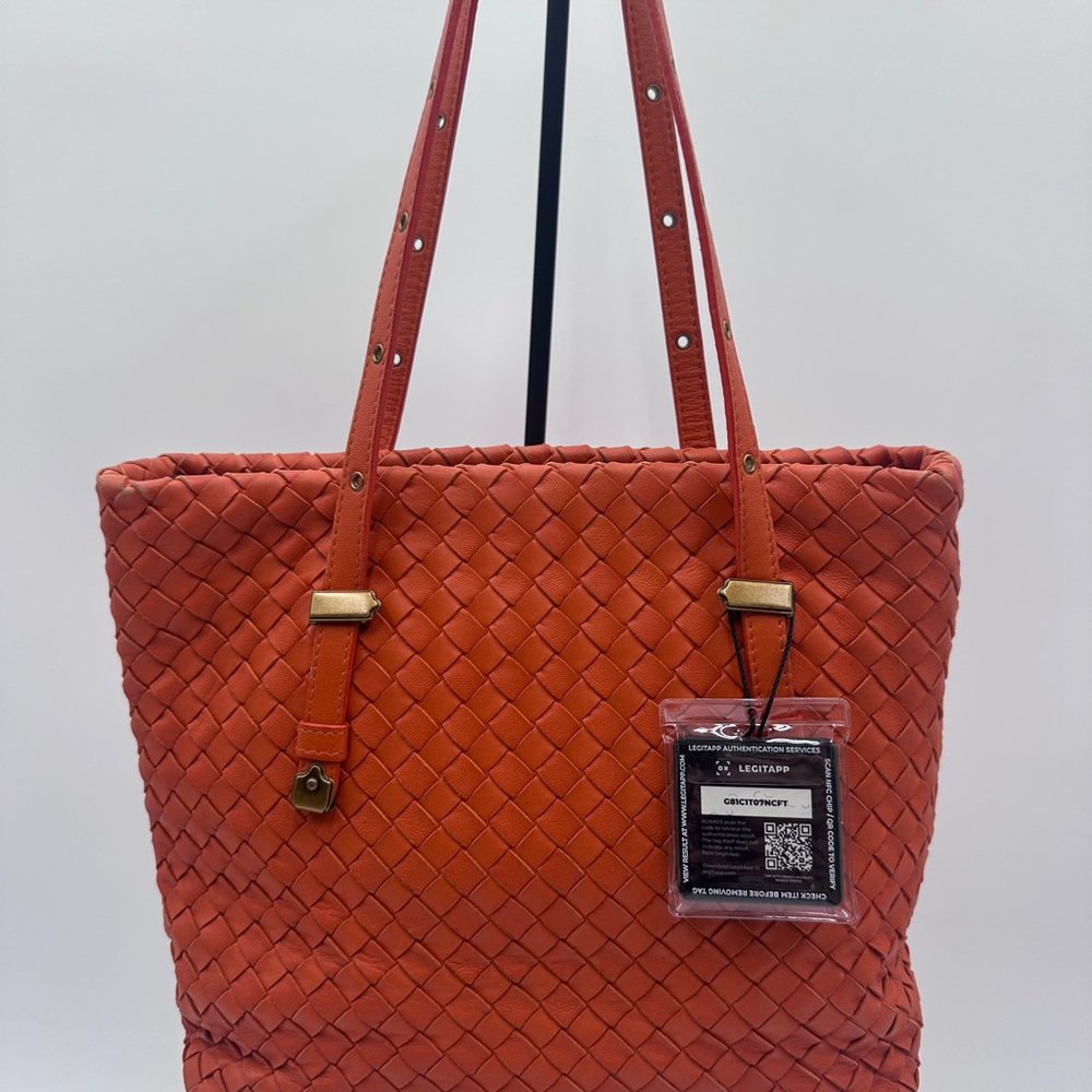 Bottega Veneta Intrecciato woven leather tote bag in vibrant orange w/COA